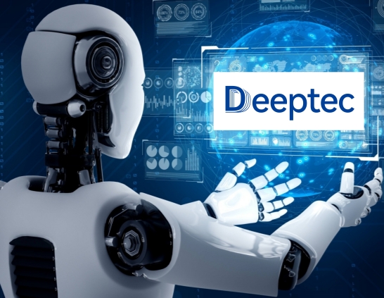 AI humanoid robot holding virtual hologram screen showing concept of big data